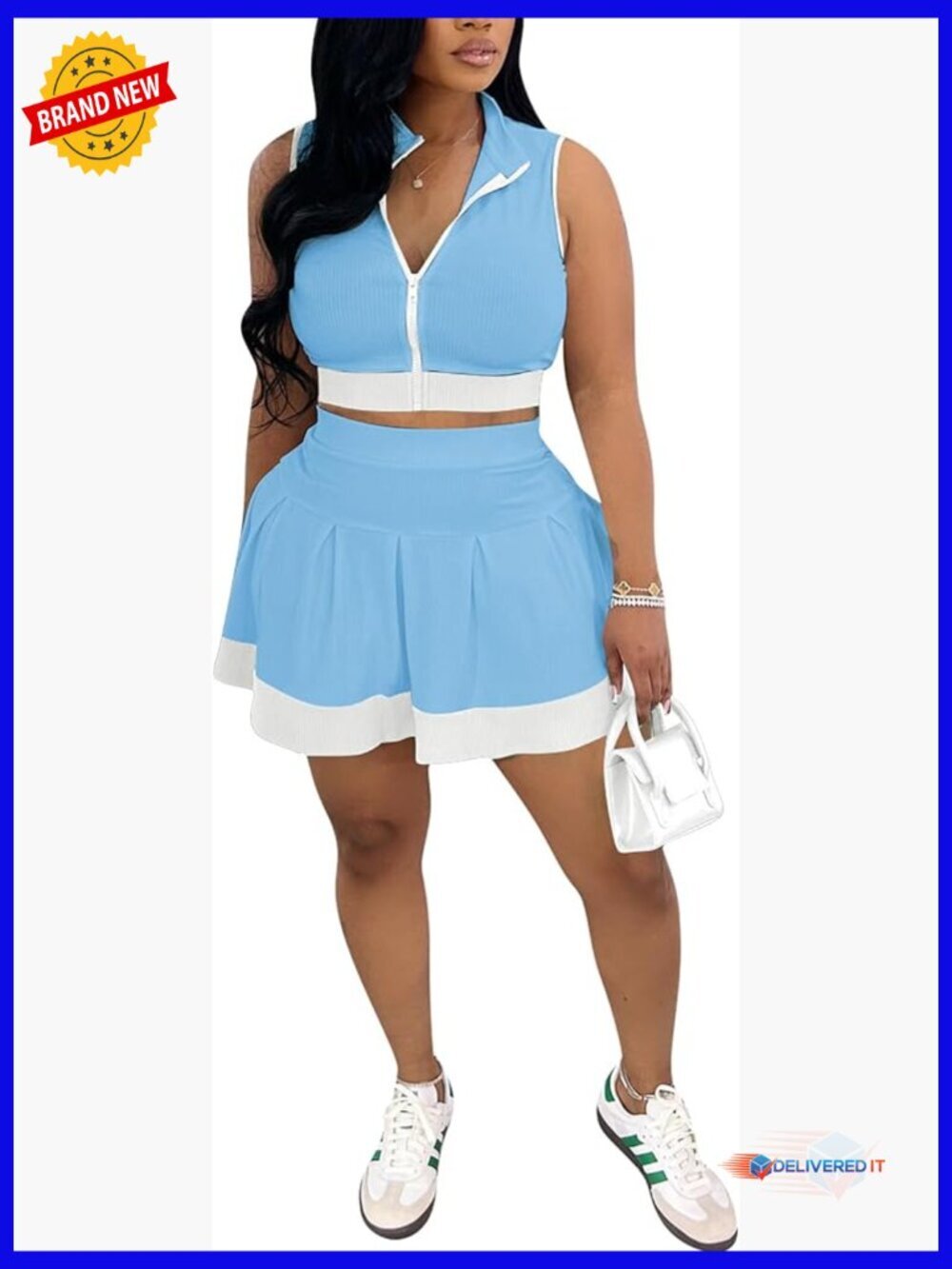 Patchwork Sleeveless Crop Top & Pleated Skort Set Women's 2 Piece Outfit